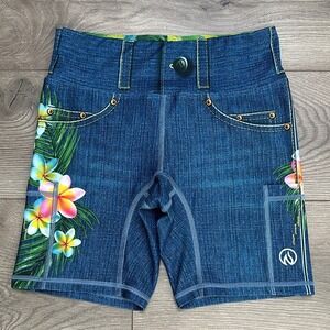 INKnBURN Blue Denim Pocket Graphic Floral Bike Active Shorts Size 4